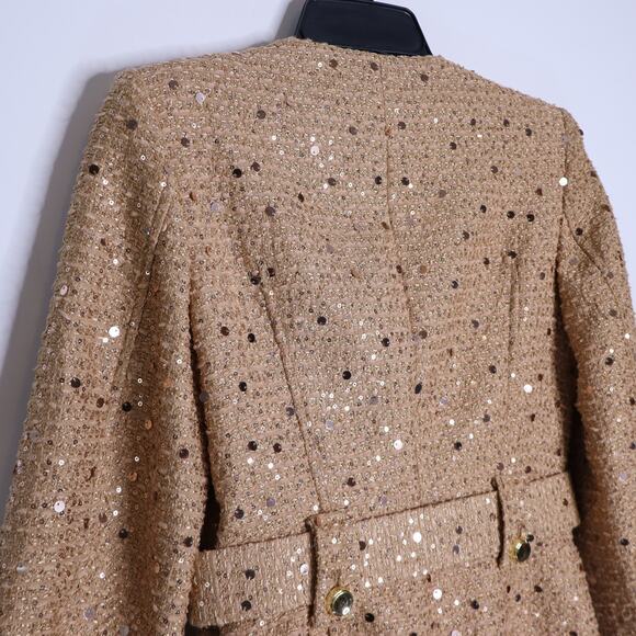 ZARA NWT Sequin Belt Blazer Camel Tweed Round Neck Long Sleeve Women's XS - Picture 7 of 13